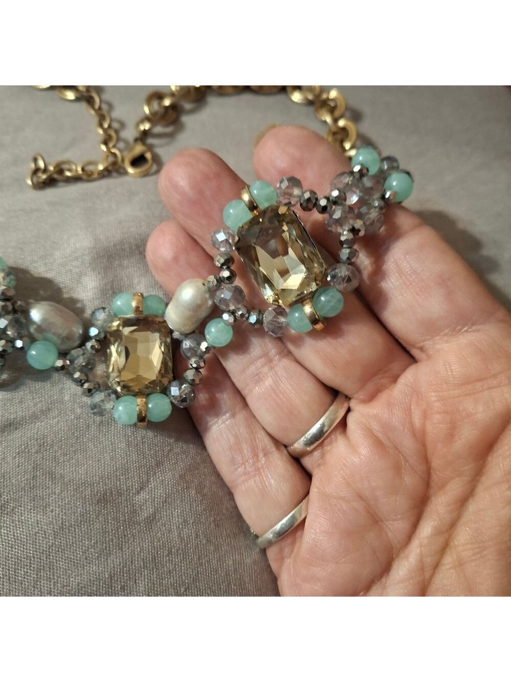 Genuine pearls, natural Jade and rhinestones 18" + ext Statement Necklace - Picture 9 of 11